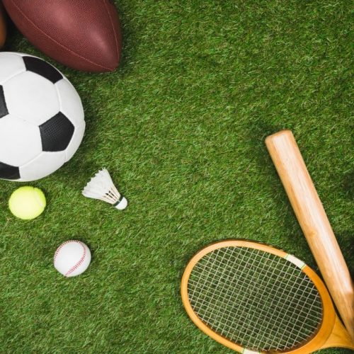 top view of various sport balls, baseball bat and glove, badminton racket on green lawn